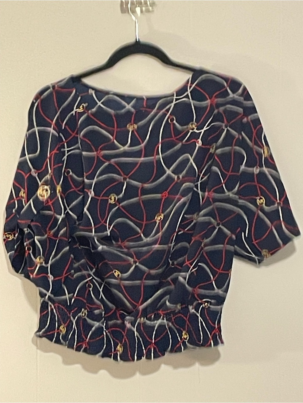 Navy Chain-Print Short Sleeve Blouse